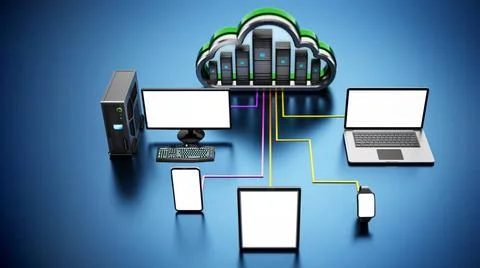 Smart devices connected to the cloud shaped servers. Cloud computing diagr... Stock Photos