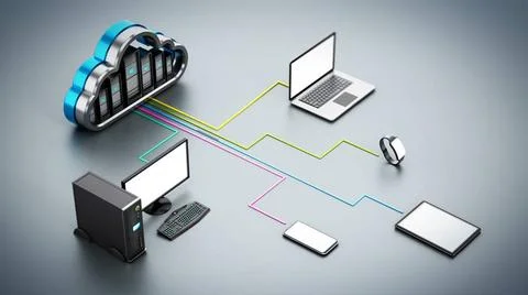 Smart devices connected to the cloud shaped servers. Cloud computing diagr... Stock Photos