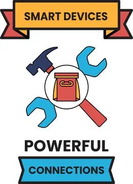 Smart devices intersect with tools in bold black lines Stock Illustration