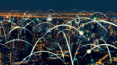 Smart digital city with globalization abstract graphic showing connection Ilustración de archivo