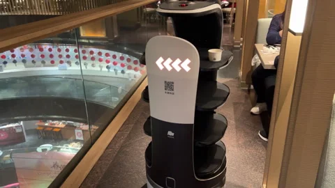 Smart Dining: Robot Waiter Collects Plates at Buffet Restaurant Stock Footage 303713758