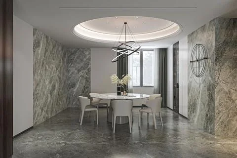 Smart Dining room Interior Design with Marble Statement Wall Decor and Whit.. Illustrazione stock