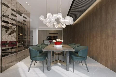 A smart dining table besides the wall glass self interior design concept Stock-Illustration