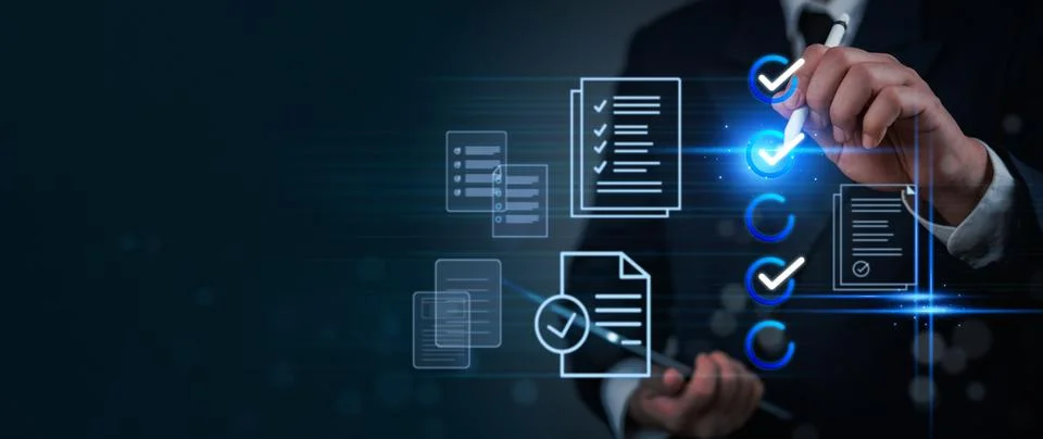 Smart document verification system showing virtual checklist interface. Bus.. Stock Photos