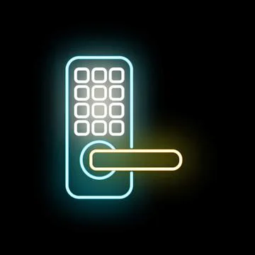 Smart door lock neon icon with keypad and glowing handle Stock Illustration