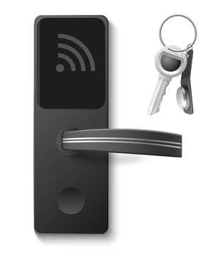 Smart door lock with smart key. Realistic isolated entry knob element. Wi fi Stock Illustration