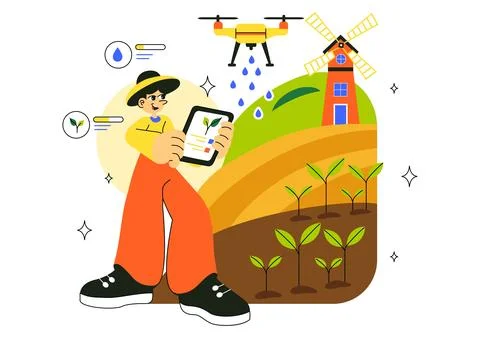 Smart Drone Farming Technology Vector Illustration Featuring a Farmer Manag.. Illustrazione stock