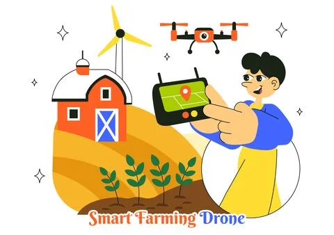 Smart Drone Farming Technology Vector Illustration Featuring a Farmer Manag.. Stock Illustration