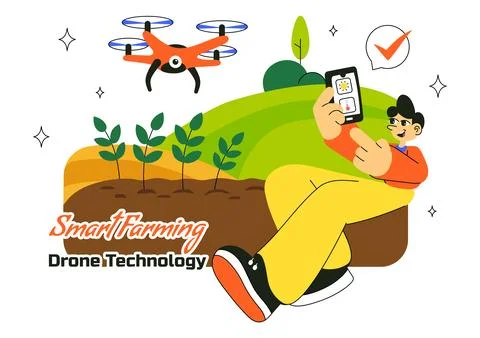 Smart Drone Farming Technology Vector Illustration Featuring a Farmer Manag.. Illustrazione stock