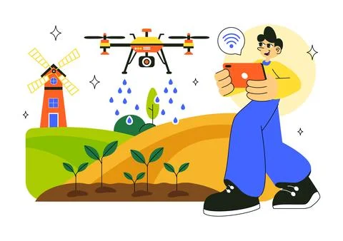 Smart Drone Farming Technology Vector Illustration Featuring a Farmer Manag.. Stock Illustration