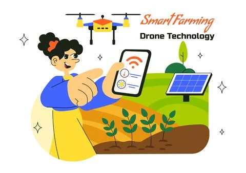 Smart Drone Farming Technology Vector Illustration Featuring a Farmer Manag.. Illustrazione stock