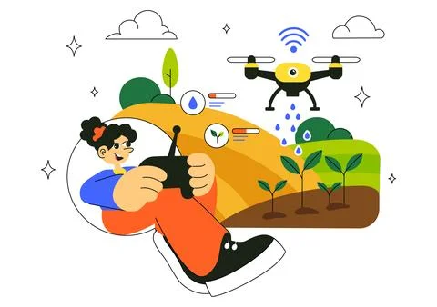 Smart Drone Farming Technology Vector Illustration Featuring a Farmer Manag.. Illustrazione stock