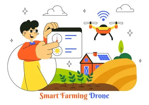 Smart Drone Farming Technology Vector Illustration Featuring a Farmer Manag.. Stock Illustration