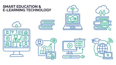 Smart education and e-learning technology line icons with education, elearnin Stock Illustration