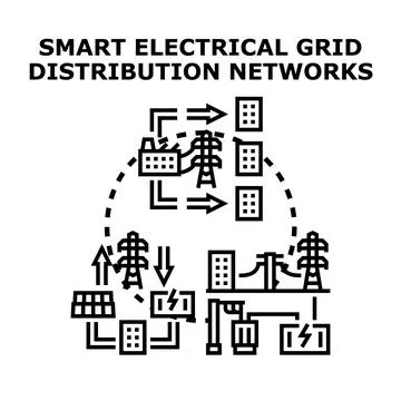 Smart electrical grid distribution networks connecting energy sources Illustrazione stock