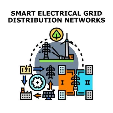 Smart electrical grid distribution networks connecting renewable energy Stock Illustration