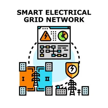 Smart electrical grid network controlling energy distribution system Stock Illustration