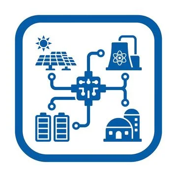 Smart energy grid icon showing nuclear solar and battery storage connectivity Stock Illustration