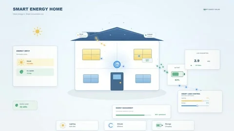 Smart Energy Home Infographic Displaying Renewable Power and Efficiency Metrics Stock Footage 344829902
