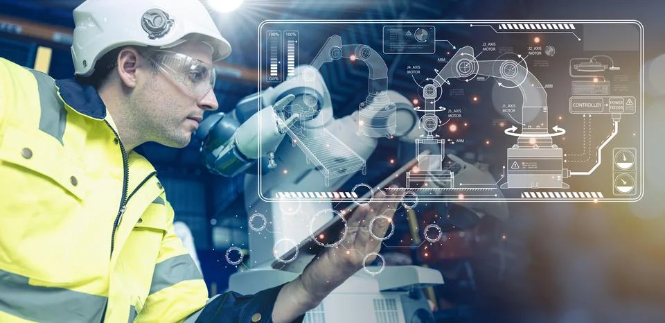 Smart Engineer advance industry robot arm in modern automation factory prod.. Stock Illustration