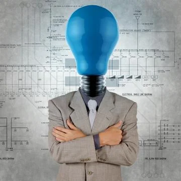 Smart engineer with blue lightbulb head with electrical diagram Stock Illustration