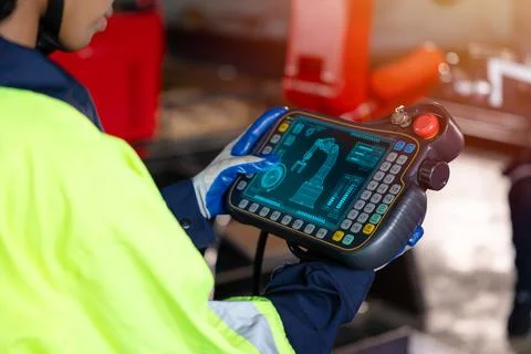 Smart engineer staff worker use digital remote control operate industry rob.. Stock-Fotos