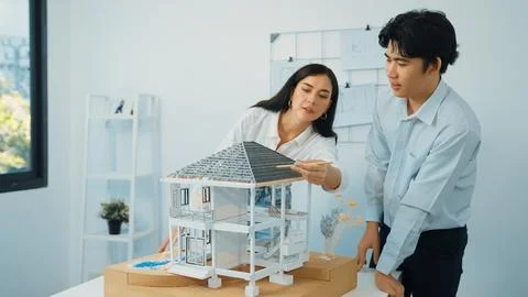 Smart engineer team focusing on checking the house model structure. Immaculate. Stock Photos