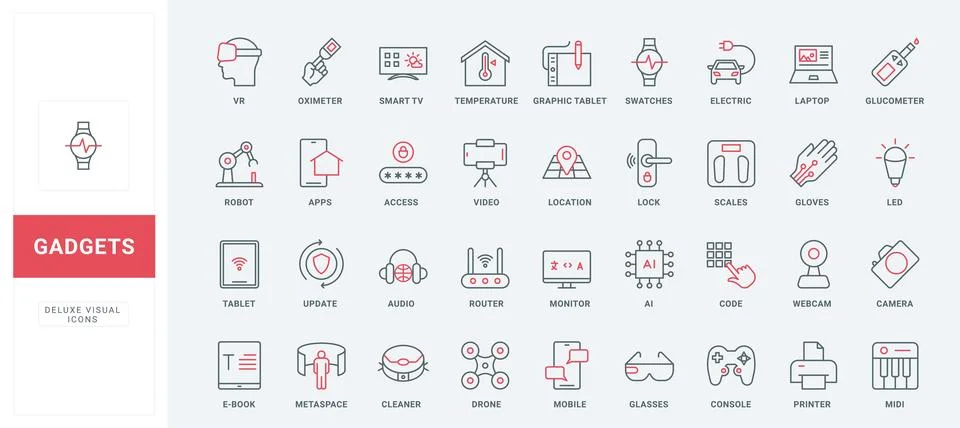 Smart equipment with using AI, mobile apps, video and audio devices line icons Illustrazione stock