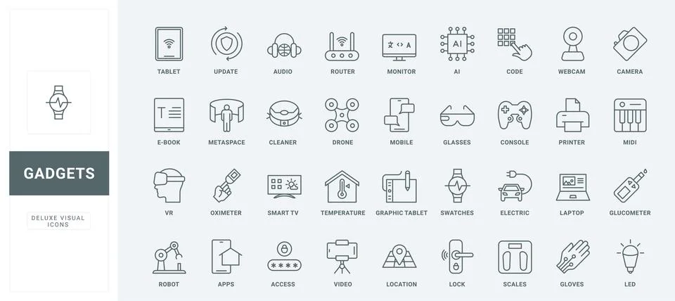 Smart equipment with using AI, mobile apps, video and audio devices line icons Stockillustratie