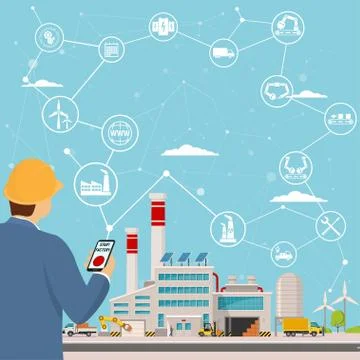 Smart factory and around it icons Engineer starting a smart plant. Smart fact Stock Illustration