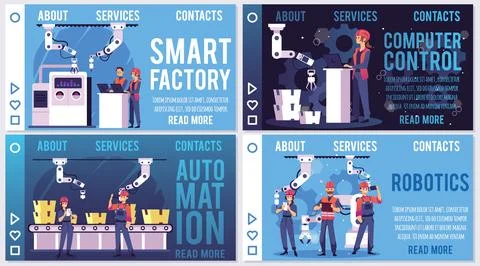 Smart factory and robotic work concept - landing page template set, flat vector Illustrazione stock