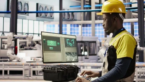Smart factory employee typing on PC keyboard, testing automated systems Stock Footage 308724437