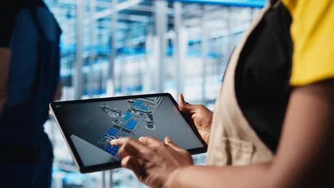Smart factory engineer designs robotic machines using CAD software 스톡 사진