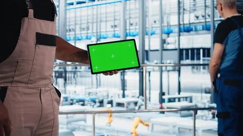 Smart factory engineer oversees operation of robotic arms with chroma key tablet 스톡 사진