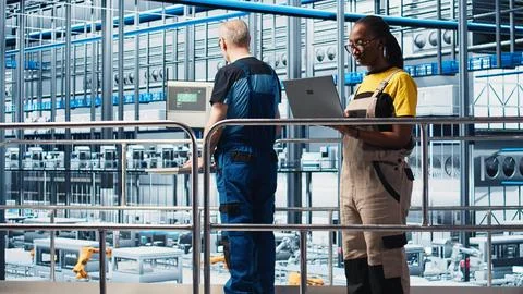 Smart factory engineer oversees operation of robotic arms Stock Photos