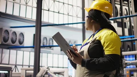 Smart factory engineer using tablet to analyze IoT sensors data Stock Footage 308728674