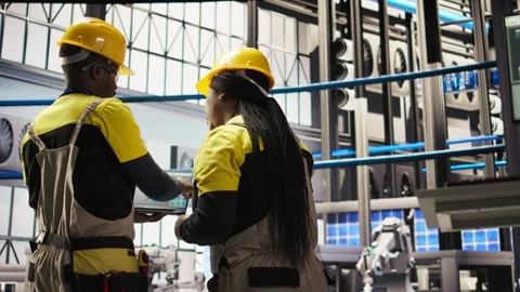 Smart factory engineering team using laptop to analyze IoT sensors data Video stock 308710280