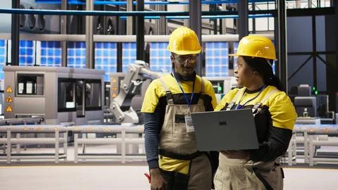 Smart factory engineering team using laptop to calibrate high tech machinery Stock Photos