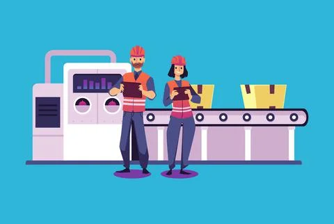 Smart factory engineers using robotic automation, vector illustration isolated. Stock Illustration