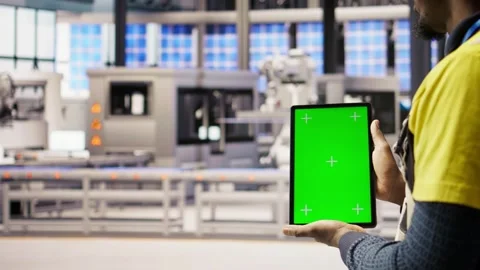 Smart factory expert uses green screen tablet to implement automated workflows Stock Footage 308723871