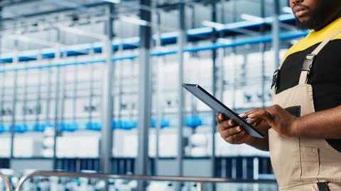 Smart factory expert using digital device app to test automated systems, closeup 写真素材