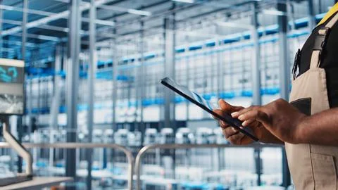 Smart factory expert using digital device app to test automated systems, closeup Stock Photos