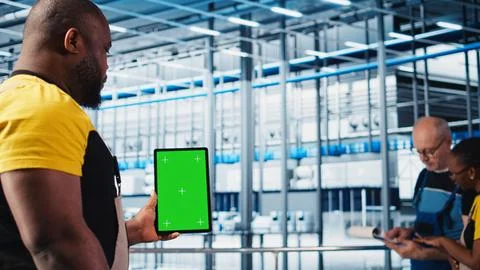 Smart factory expert using green screen tablet to test automated systems Stock Photos