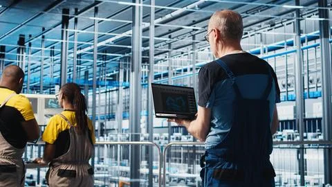 Smart factory expert using laptop software to test automated systems Stock Photos