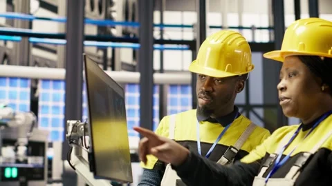 Smart factory manager overseeing work done by engineer calibrating machinery Stock Footage 308719842
