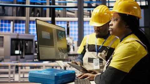 Smart factory manager overseeing work done by engineer calibrating machinery Stock Photos