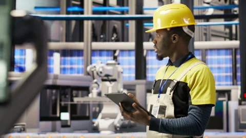 Smart factory mechanic testing automated systems, doing preventive maintenance Stock Footage 307366595