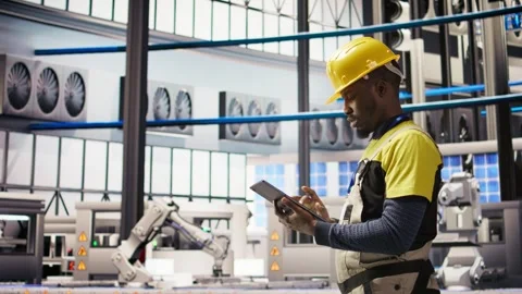 Smart factory mechanic testing automated systems, doing preventive maintenance Stock Footage 308725397
