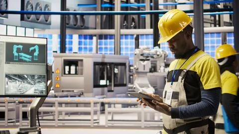 Smart factory mechanic using tablet to analyze IoT sensors data 스톡 사진