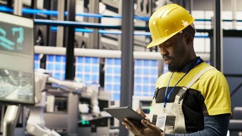 Smart factory mechanic using tablet to analyze IoT sensors data Stock Photos